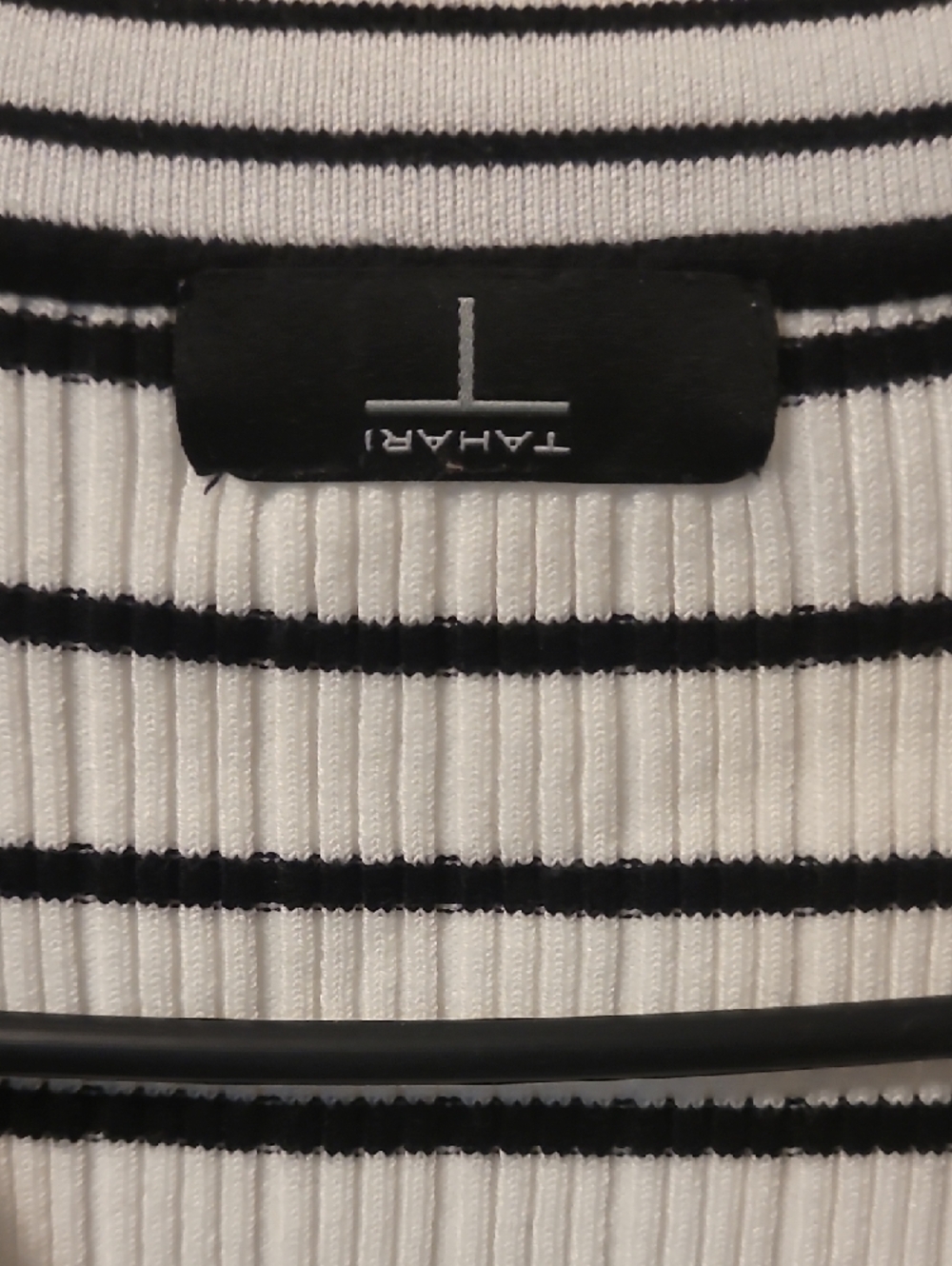 Tahari White, Black & Light Blue Striped Ribbed Polo Tee - Picture 2 of 3